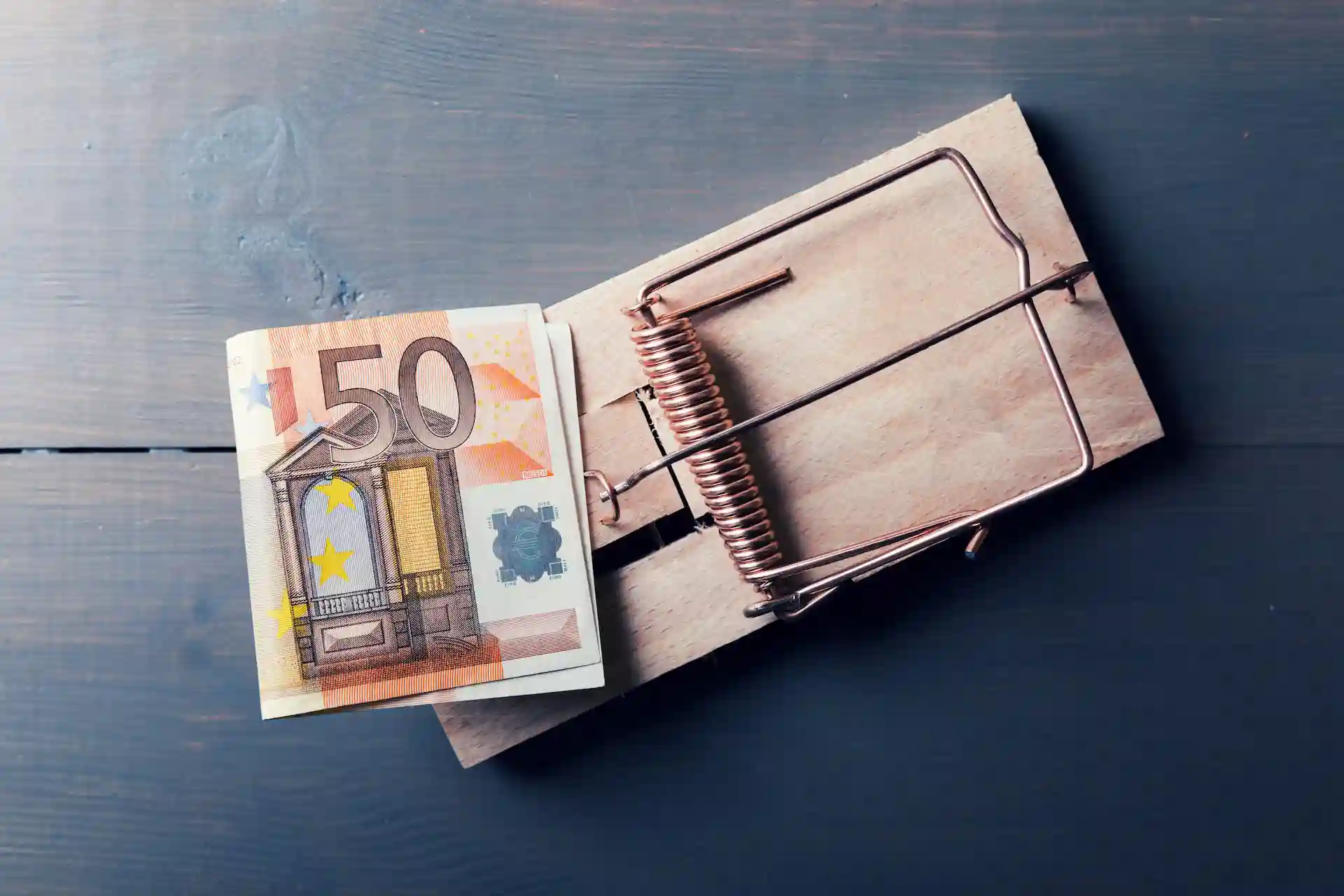 une liasse de billets de banque est posée sur un piège à souris, cette photographie symbolise les pièges et arnaque en rachat de credit