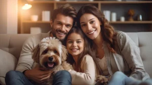 Un père, une mère, leur fille et leur chien. Ils sont tous assis sur un canapé et semblent heureux